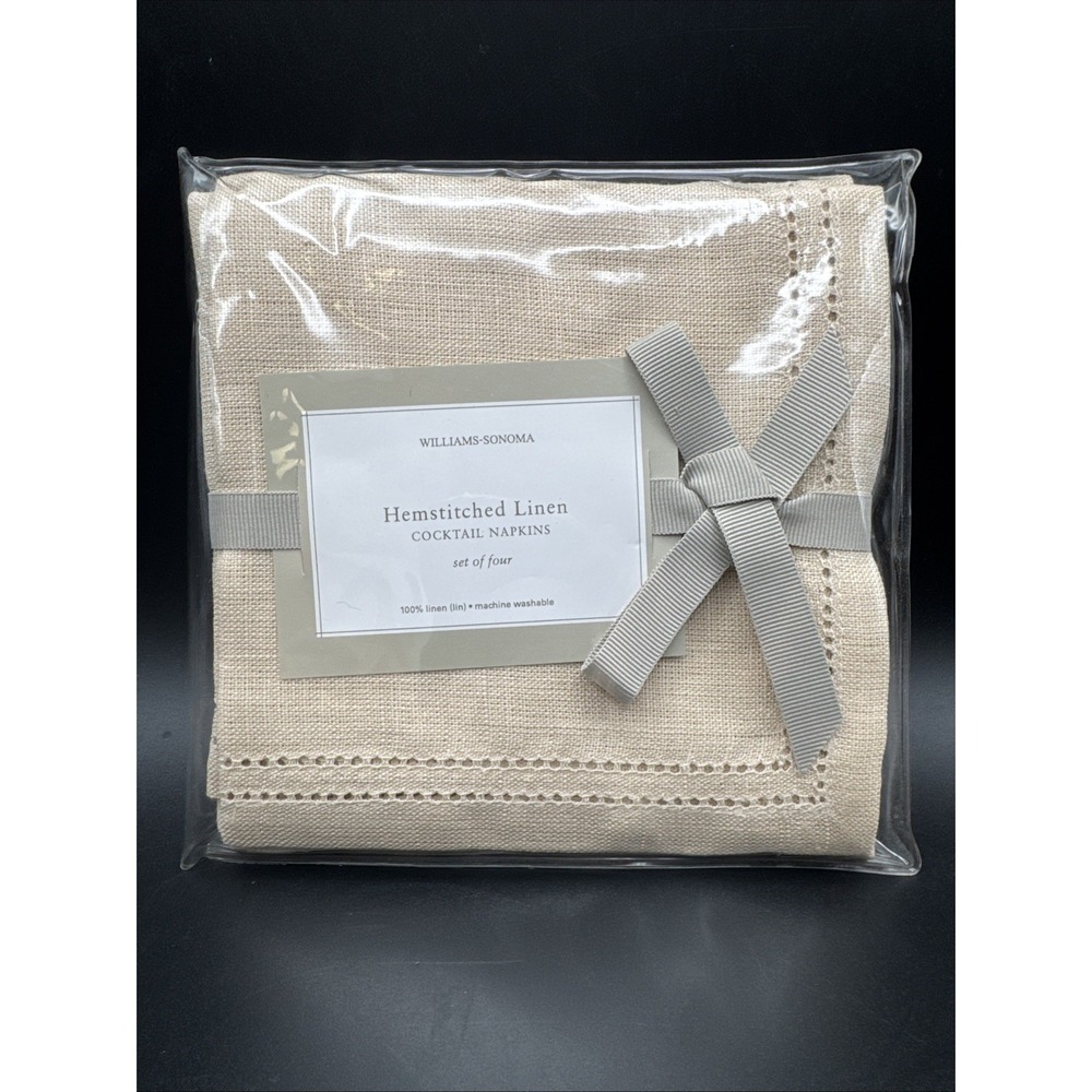 Williams Sonoma Cocktail Napkins Set 4 Hemstitch 100% Linen Natural Biege Tan
